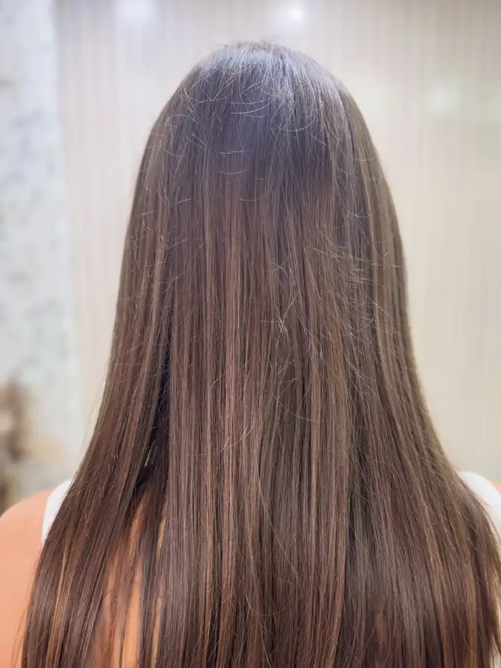 Cabelo liso castanho com luzes, de costas
